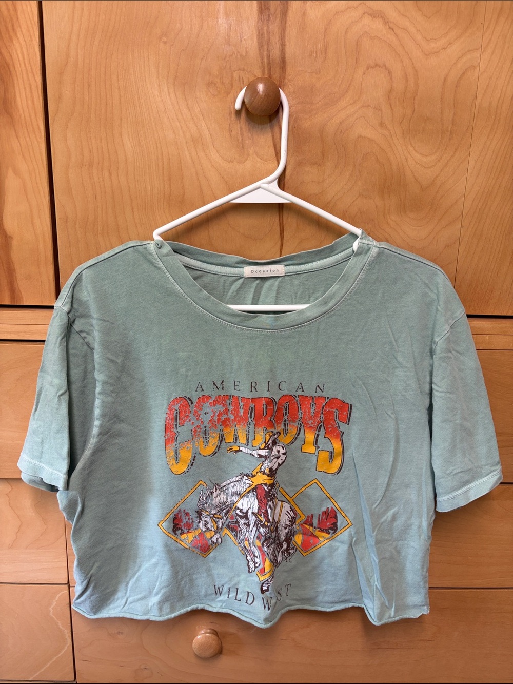 Occasion Women's Light Teal Crop Top with Western 'Cowboys' Graphic